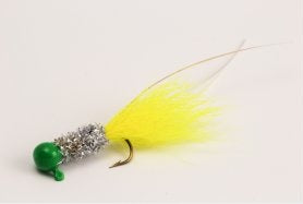 Yellow and silver fishing lure with green head.