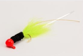 Bright fishing lure with tail and hook.