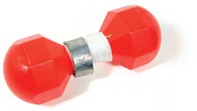 Red hexagonal dumbbell with metal connector.