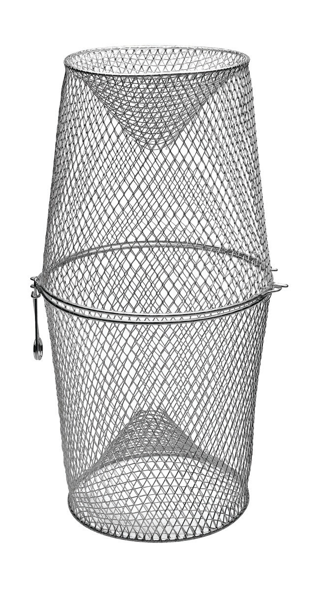 Wire mesh wastebasket with a conical shape.