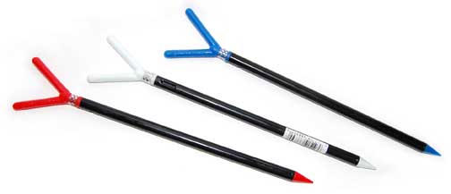 Three Y-shaped pens in red, white, blue.