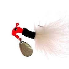 Red and white fishing lure with spinner.