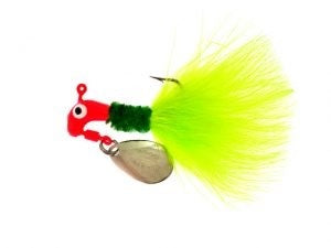 Colorful fishing lure with bright feathers.