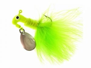 Bright green fishing lure with feather tail.