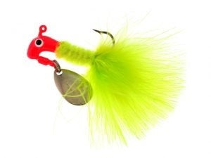 Bright green fishing lure with red head.