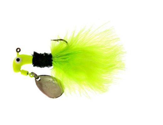 Bright green fishing lure with feather tail.