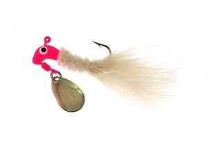 Fishing lure with pink head and white fluff.