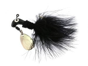 Black fishing lure with fluffy tail.