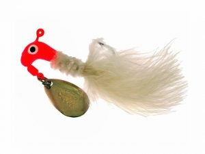 Colorful fishing lure with feather details.