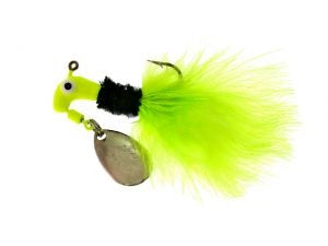 Lime green fishing lure with feather tail.