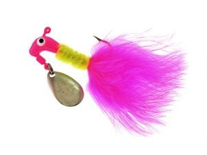 Pink fishing lure with feather and spinner.