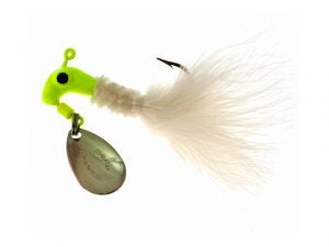 Fishing lure with white tail and spinner.