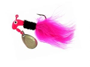 Pink fishing lure with feather and spinner.