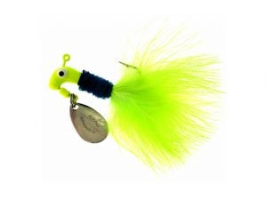 Bright green fishing lure with feather tail.