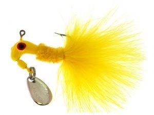 Yellow fishing lure with feather tail.