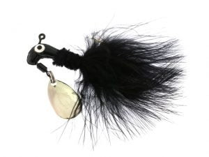 Black fishing lure with furry tail and spinner.