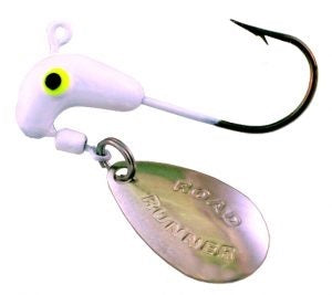 White fishing lure with spinner blade.