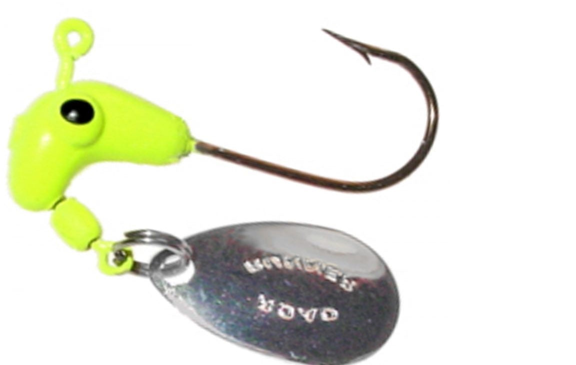 Bright green fishing lure with hook.