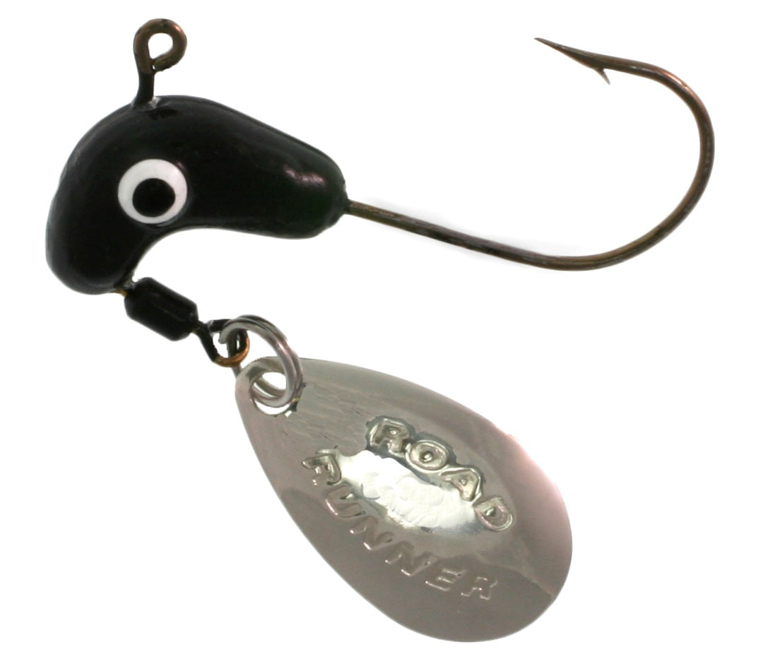 Black fishing lure with spinning blade attached.