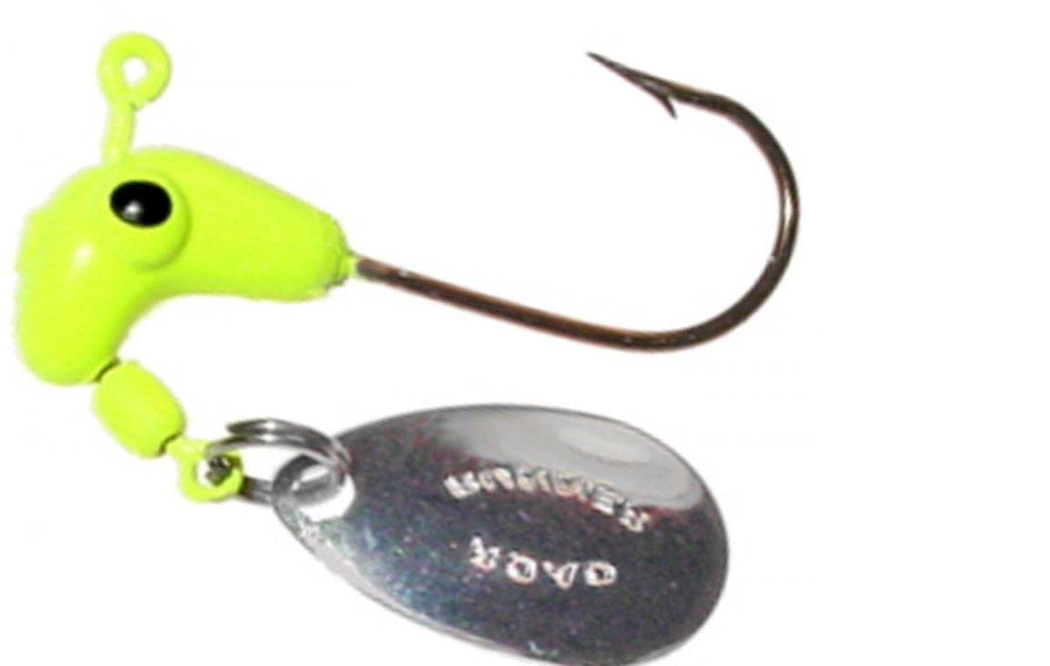 Bright green fishing lure with metal spinner.