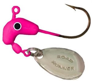 Pink fishing lure with spinner blade.