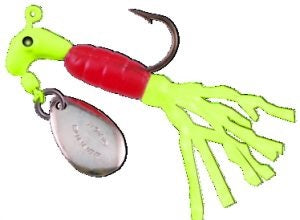 Colorful fishing lure with trailing tentacles.