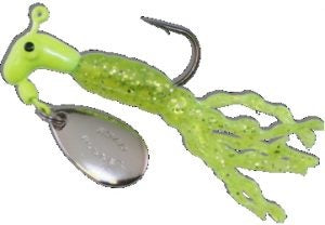 Bright green fishing lure with spinner.