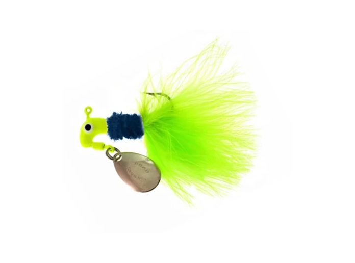 Bright green fishing lure with feathered tail.