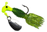 Green fishing lure with spinning blade.