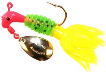 Colorful fishing lure with a shiny spinner.