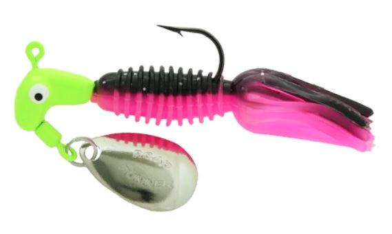 Colorful fishing lure with spinning blade.