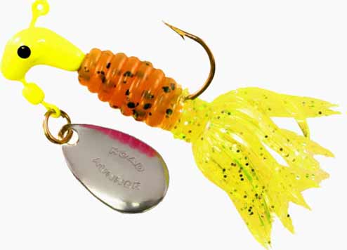 Colorful fishing lure with a spinner and tail.