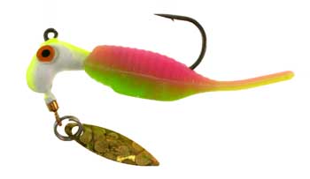 Colorful fishing lure with spinning blade.