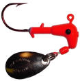 Red fishing lure with spinning blade.