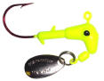 Bright yellow fishing lure with silver spinner.