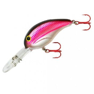 Pink and silver fishing lure with hooks.