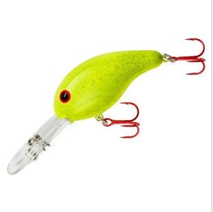 Bright green fishing lure with red hooks.