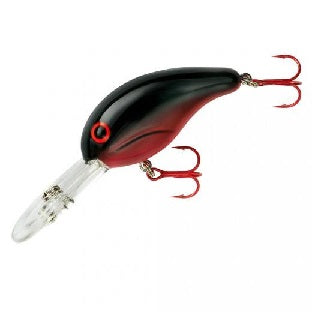 Black and red fishing lure with hooks.