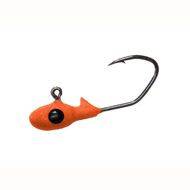 Orange fishing hook-shaped lure with black eye.