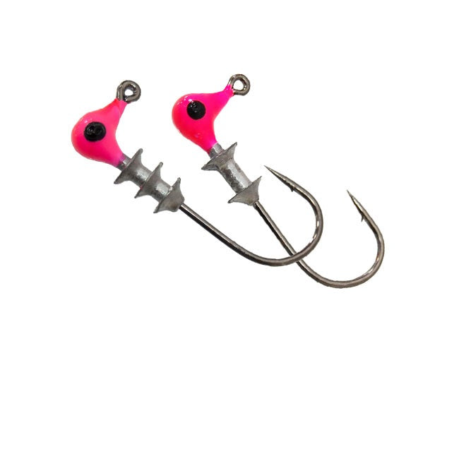 Bright pink fishing hooks with eyes.