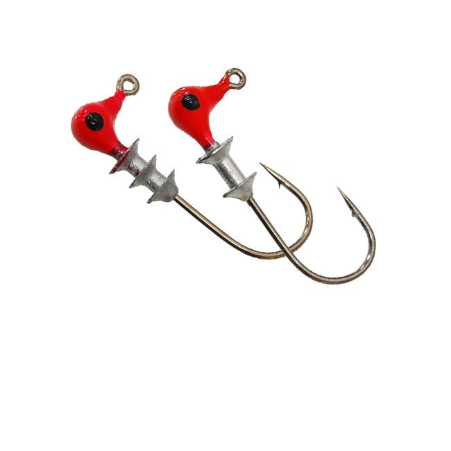 Red fishing lure with double hooks.