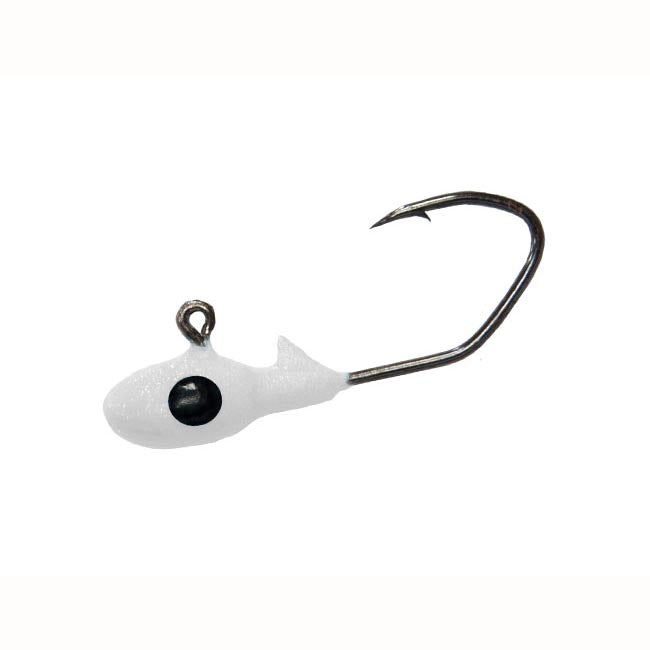 White fishing lure with black eye detail.