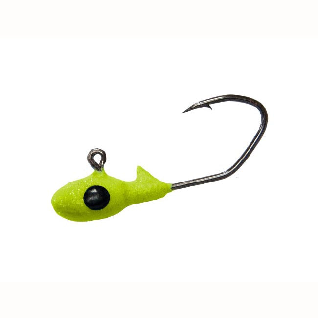 Green fishing jig with black eyes.