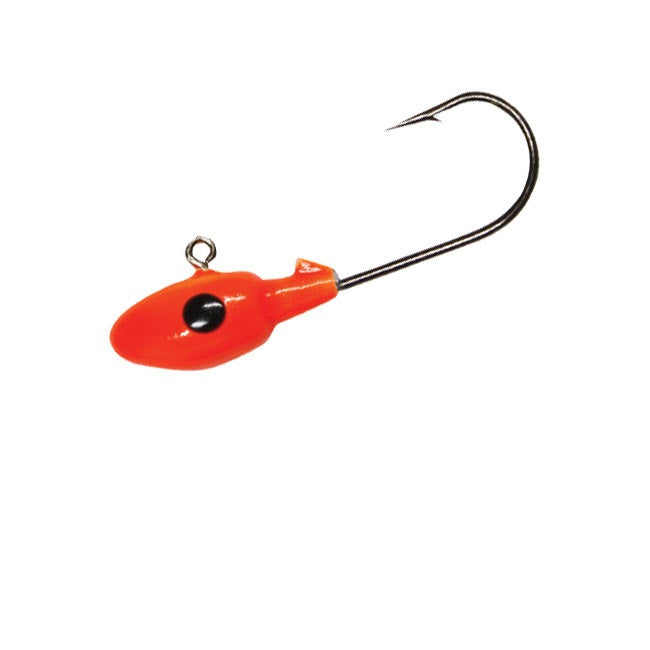 Red fish-shaped jig head with hook.