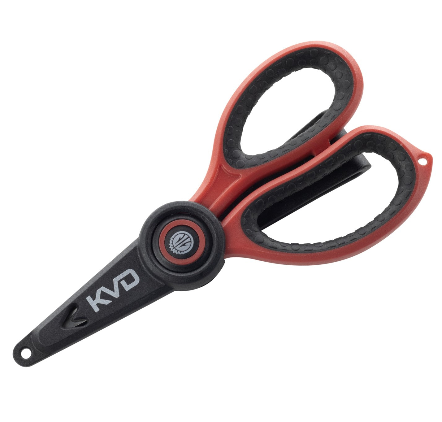 Red and black fishing scissors with ergonomic handles.