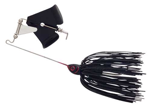 Black fishing lure with a flashy tail.