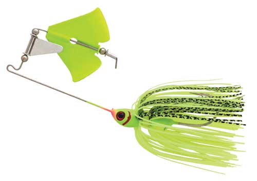 Bright green fishing lure with skirt.