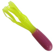 Green and pink kitchen utensil with flexible prongs.