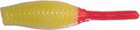 Yellow and red fishing lure on white background.