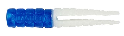 Blue and white fish lure with prongs.